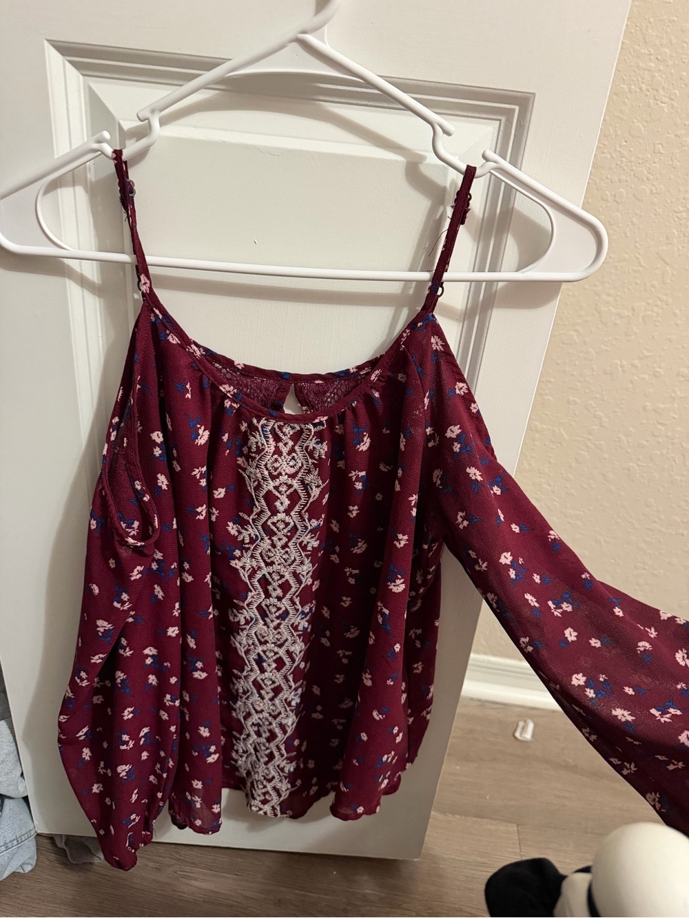 Rewind Burgundy Floral Cold-Shoulder Blouse with Embroidered Front